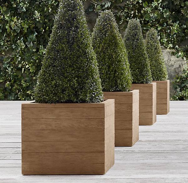 patio deck decor wooden planters boxwood topiaries outdoor decoration
