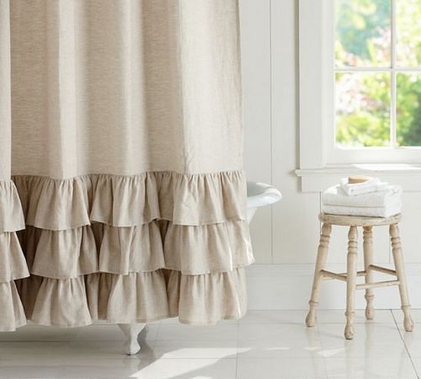 ruffle curtain beige color bathroom decor ideas white clawfoot tub white floor tiles