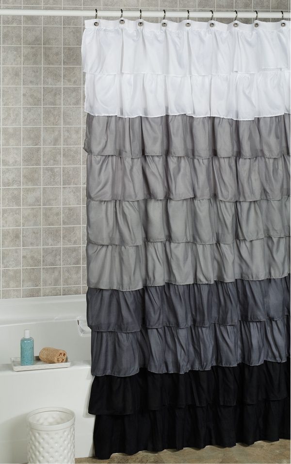 ruffled shower black white ombre pattern small bathroom