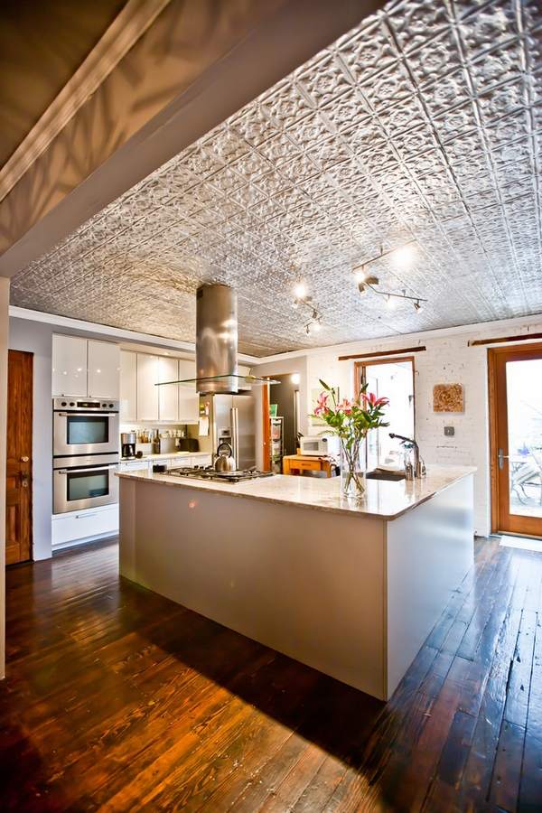 rustic kitchen designs hardwood floor white cabinets faux tin ceiling tiles
