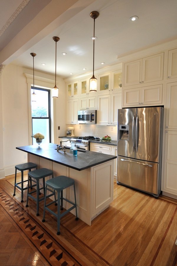 small-kitchen-design-white-cabinets-soapstone-kitchen-countertop