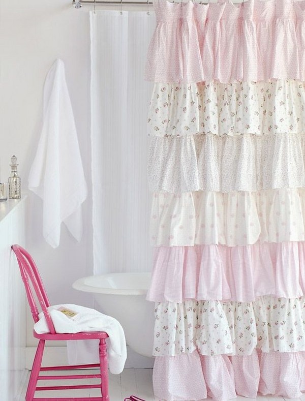 vintage romantic curtain white pink ruffles claw foot tub