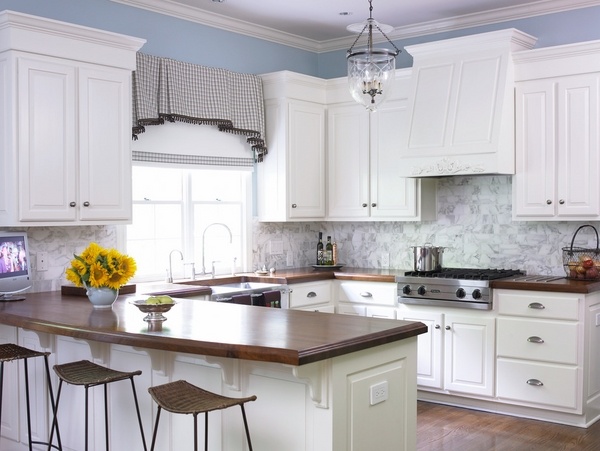 white-kitchen cabinets black white-window-valance-hardwood-floor