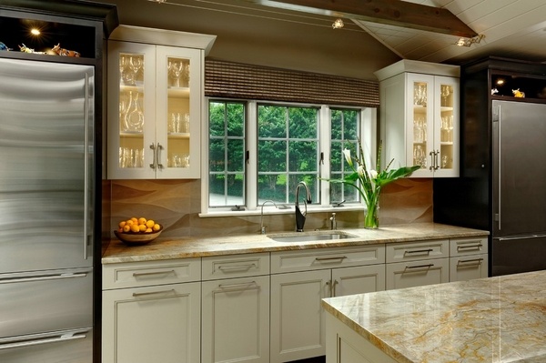 white kitchen cabinets glass fronts quartzite countertops
