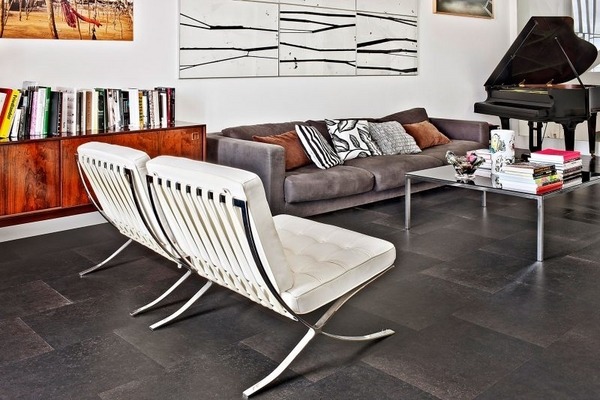 floor dark gray color modern living room design white armchairs