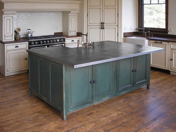 kitchen design zinc countertop white cabinets hardwood flooring