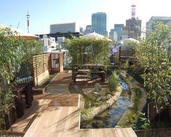 amazing rooftop gardens wooden deck gazebo water feature