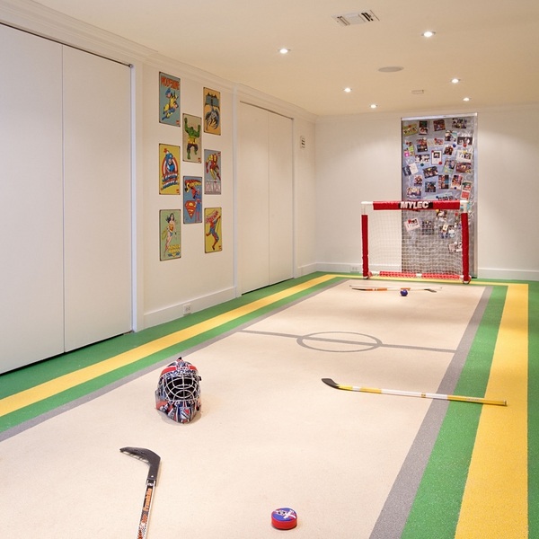 basement ideas playroom floor bright colors hockey field