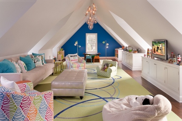beautiful attic playroom white cupboards sofa green rug