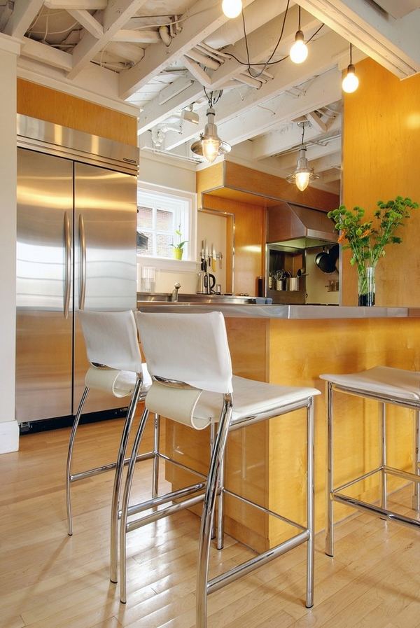 beautiful kitchen design ceiling beams wood cabinets steel countertop modern bar stools