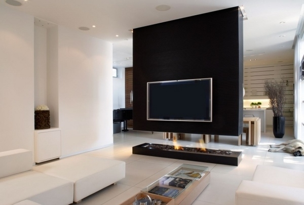 black white interior design modern fireplace tv mounted over fireplace