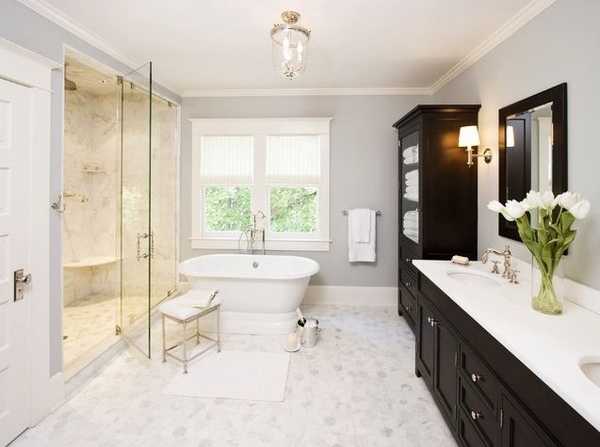 modern bathroom dark wood vanity marble countertop walk in shower