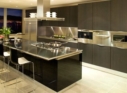 contemporary-kitchen-design-black-cabinets-stainless-steel-countertops-steel-backsplash