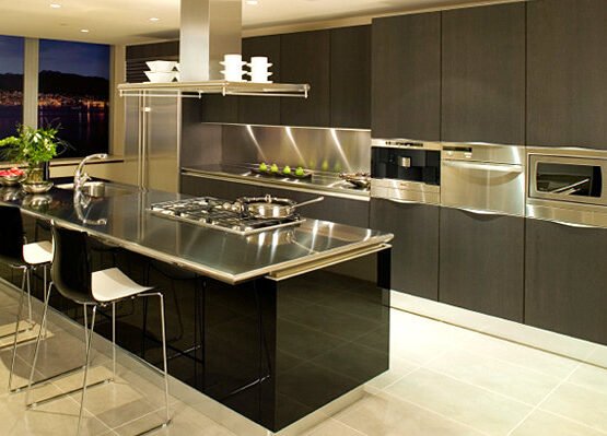 contemporary-kitchen-design-black-cabinets-stainless-steel-countertops-steel-backsplash