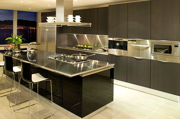 contemporary kitchen design black cabinets stainless steel countertops steel backsplash