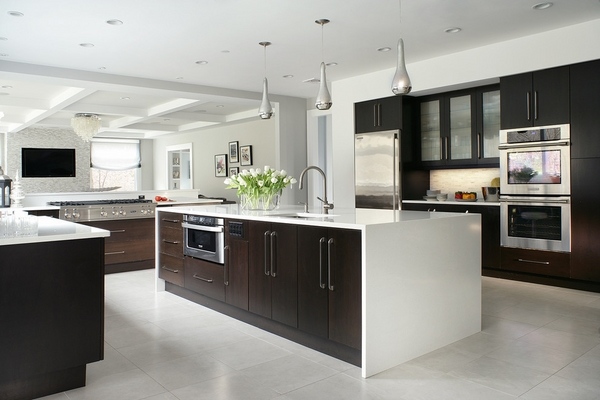 contemporary kitchen design dark wood cabinets glossy caesarstone countertops