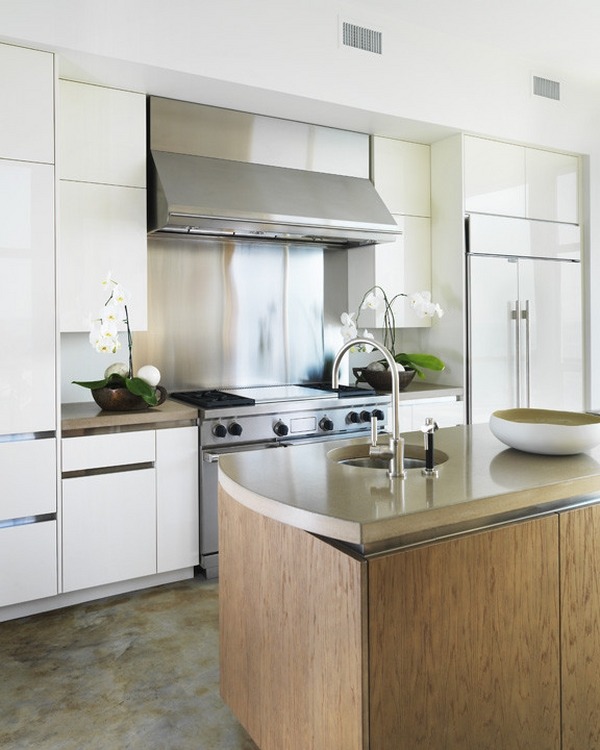 contemporary kitchen white cabinets wood island stained countertop