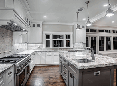 contemporary-kitchen-white-ice-granite-countertops-modern-kitchen-lighting-white-cabinets