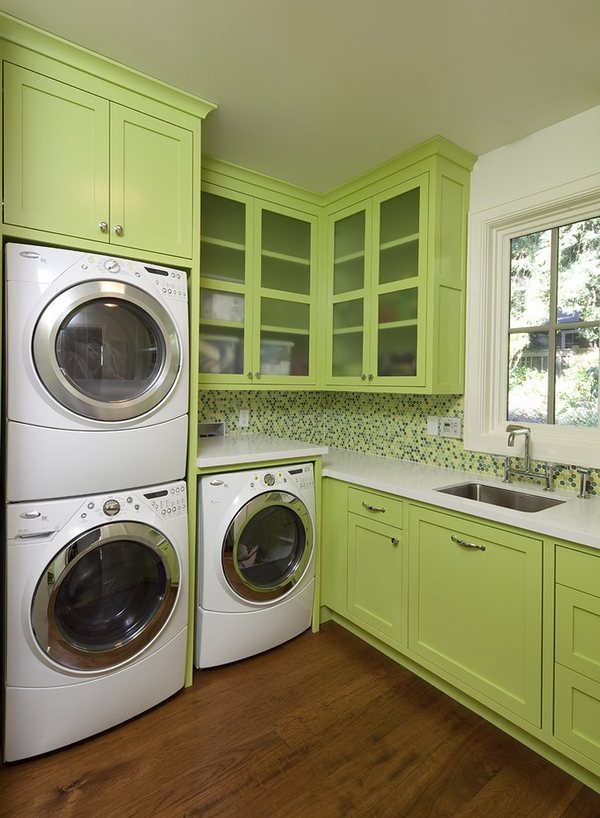 contemporary utility room green cabinets sink
