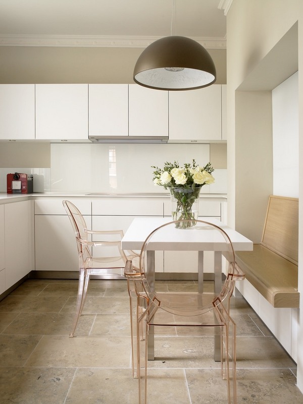 contemporary minimalist kitchen furniture white cabinets transparent chairs