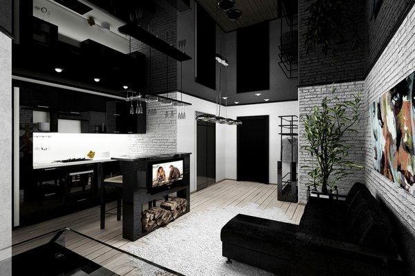 cool bachelor pad design black white interior sofa brick walls