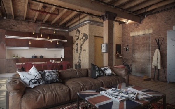 cool bachelor apartment ideas large sofa brick walls open plan living room
