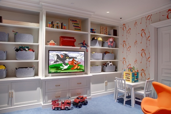 cool playroom ideas open shelves storage baskets white drawing table