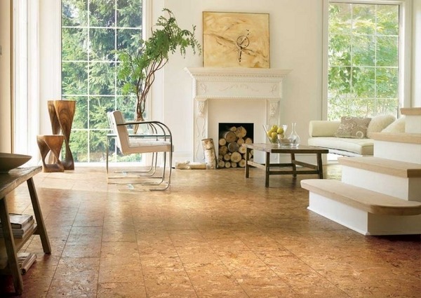 cork floor tiles large living room interior white sofa fireplace