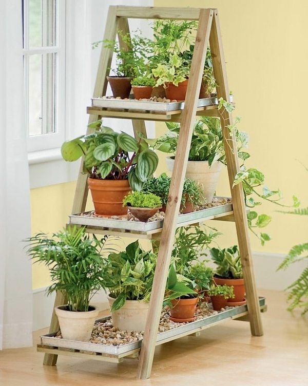 creative upcycling ideas wooden ladder shelf flower pots DIY vertical garden
