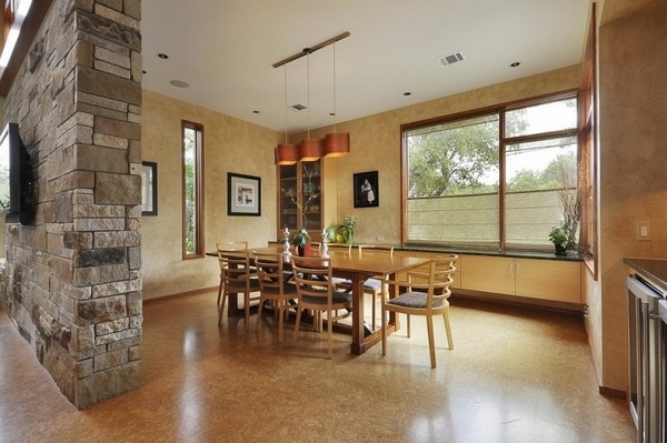dining room design rustic style cork flooring natural stone wall