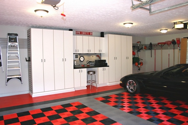 garage flooring ideas rubber coating red black floor tiles