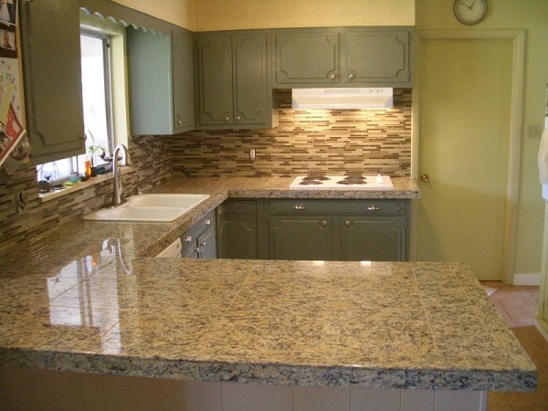 green kitchen cabinets granite tile countertop tile backsplash
