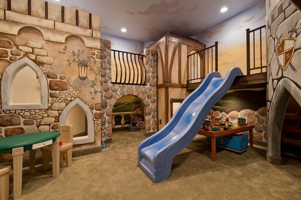 kids playroom ideas castle with slide drawing table