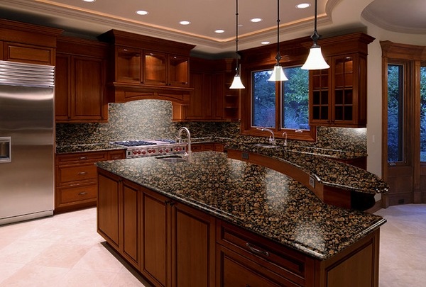 kitchen countertops dark wood cabinets kitchen lighting 