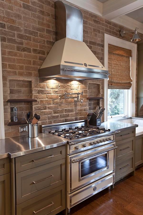 kitchen design ideas gray cabinets stainless steel countertop brick wall