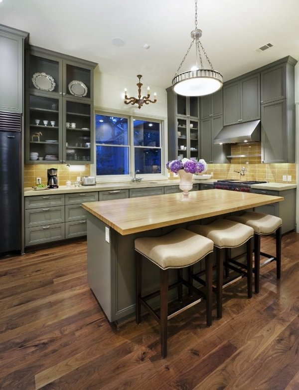 kitchen flooring unfinished hardwood floor green cabinets