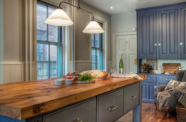 kitchen ideas hardwood flooring blue cabinets wood countertop vintage island 