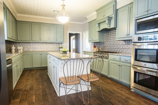 remodel hardwood floor white kitchen island green cabinets