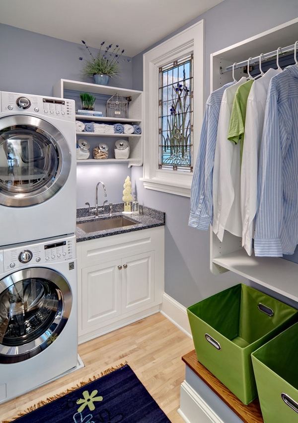 laundry ideas sink open shelves baskets