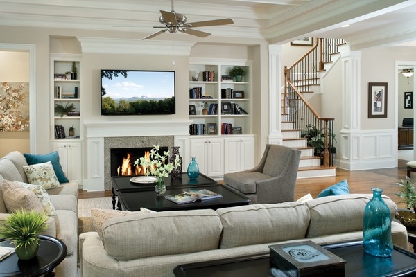 family room furniture ideas tv mounted over fireplace gray sofa