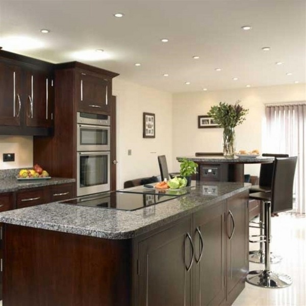 luxury contemporary kitchen dark wood cabinetry new caledonia granite countertop