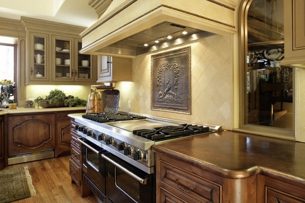 mediterranean kitchen design copper countertop wood cabinets