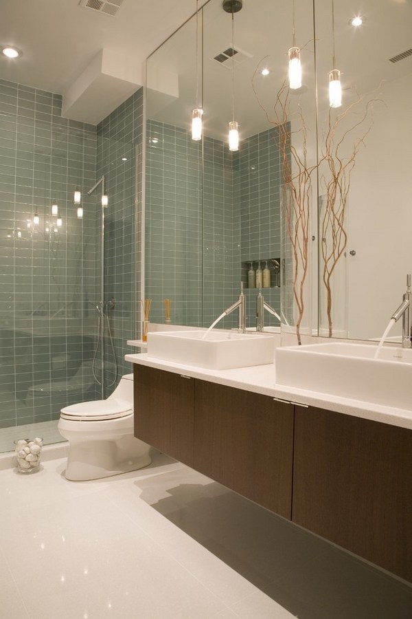 modern bathroom interiors wood vanity terrazzo floor walk in shower