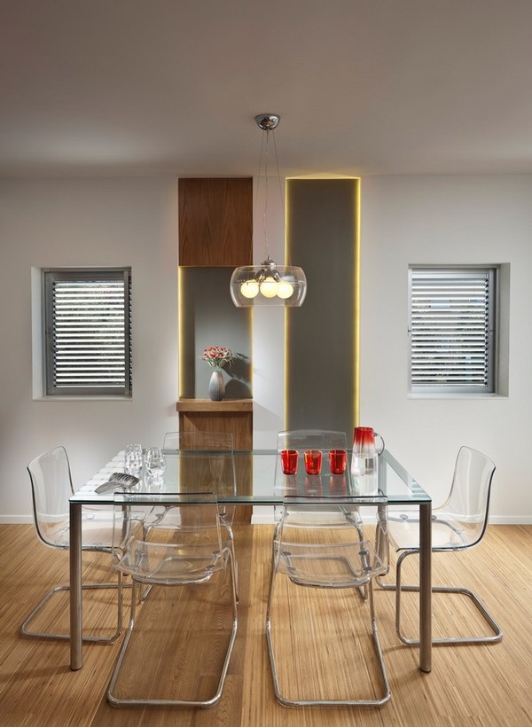 modern  dining room interior transparent table dining chairs hardwood floor