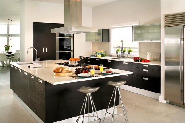 modern kitchen black cabinets white Caesarstone countertop bar stools