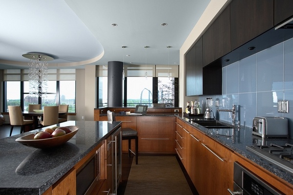 modern kitchen design black pearl granite countertops wood cabinets recessed lighting
