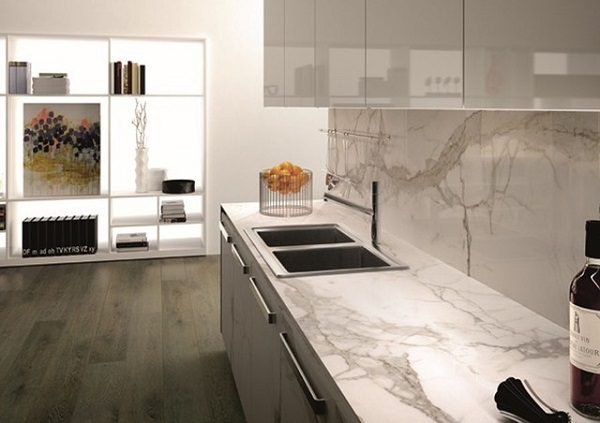 modern kitchen porcelain countertop marble effect white cabinets glossy finish