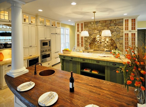  kitchen remodel rustic decor wood copper sink natural stone wall