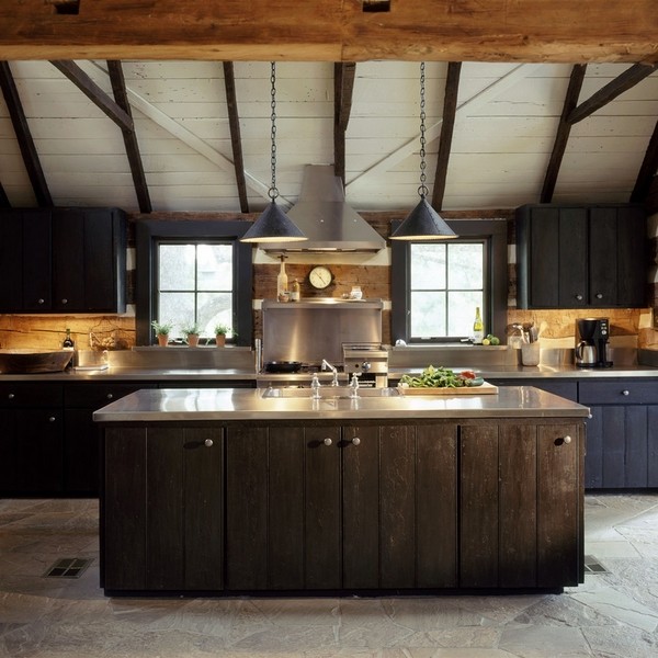 modern kitchen rustic elements dark wood cabinets steel countertops