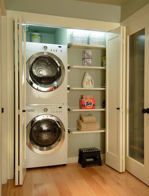 modern laundry ideas small space open shelves